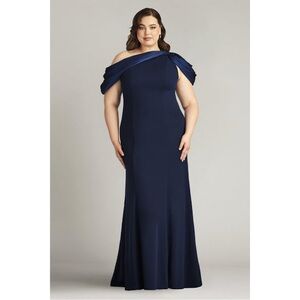 Tadashi Shoji CARLENE SHOULDER‎ DRAPE GOWN Navy Blue 14